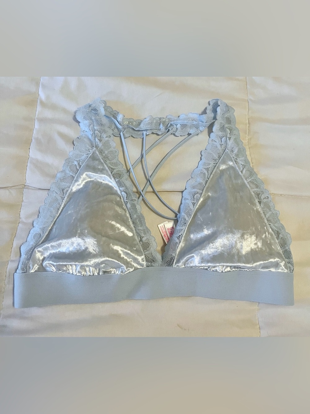 PINK Victorias Secret Blue Lace Crushed Velvet Strappy V Bralette women’s side m